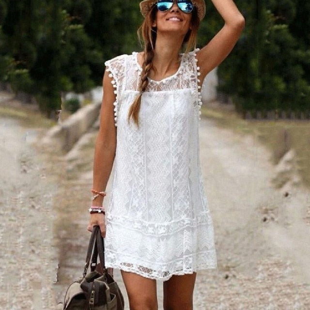 NEW Fashion Women Casual Lace Sleeveless Straight Beach Short Dress